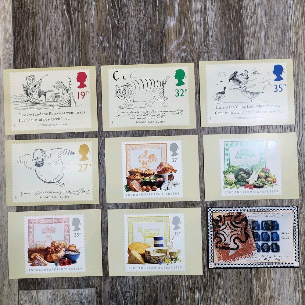 Royal Mail Postcard Lot of 9 Edward Lear Food Farming 1989 Art Junk Journal